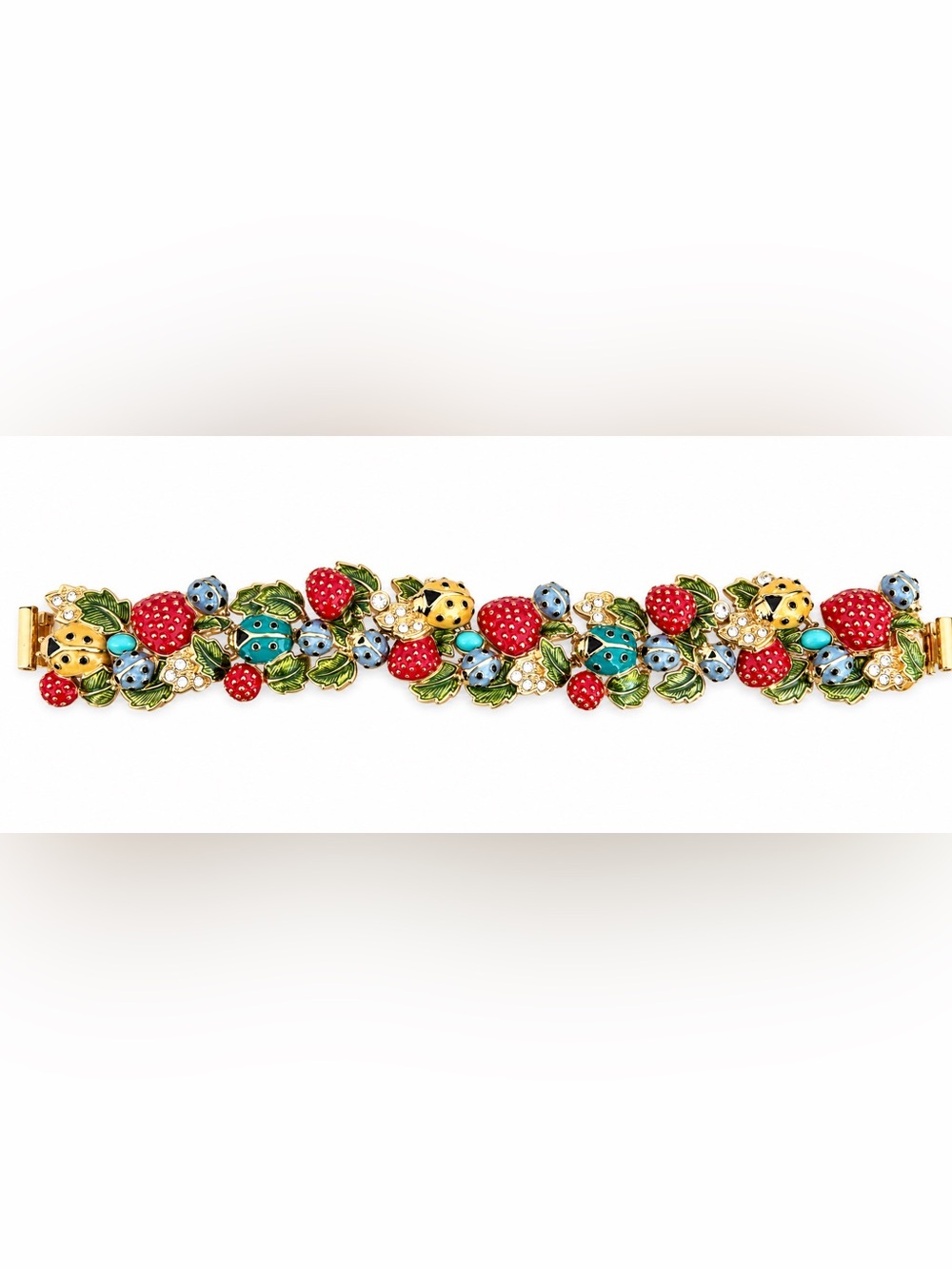 Vintage Kenneth Jay Lane Gold-Tone Strawberry & Ladybug Crystal Bracelet